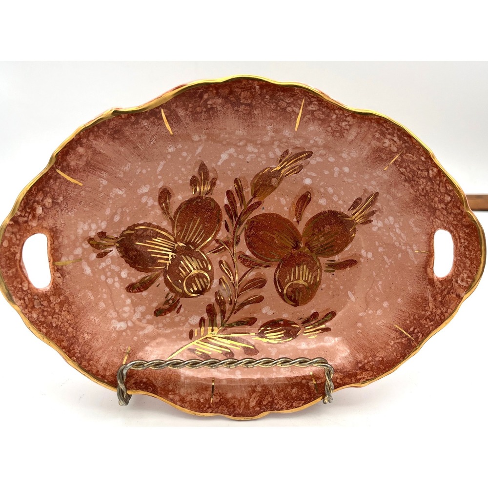 Vtg MCM Capri Holland Ceramic Platter Pink Gold Rose Spongeware 3/4004 Signed